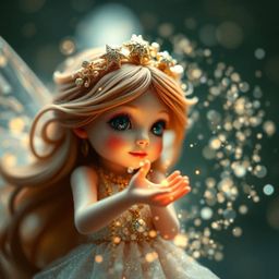 An extreme macro photograph captures the intricate details of a fairy godmother emerging from a swirling vortex of sparkles.