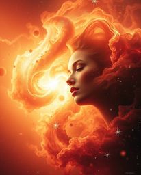 Witness the breathtaking beauty of colliding galaxies in a cosmic explosion of light and color. A warm color palette of reds,