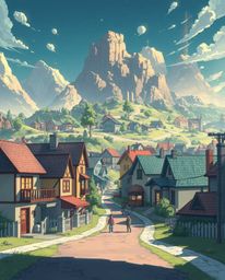 Immerse yourself in a captivating anime-style illustration featuring a sleepy town adorned with charming pastel-colored house