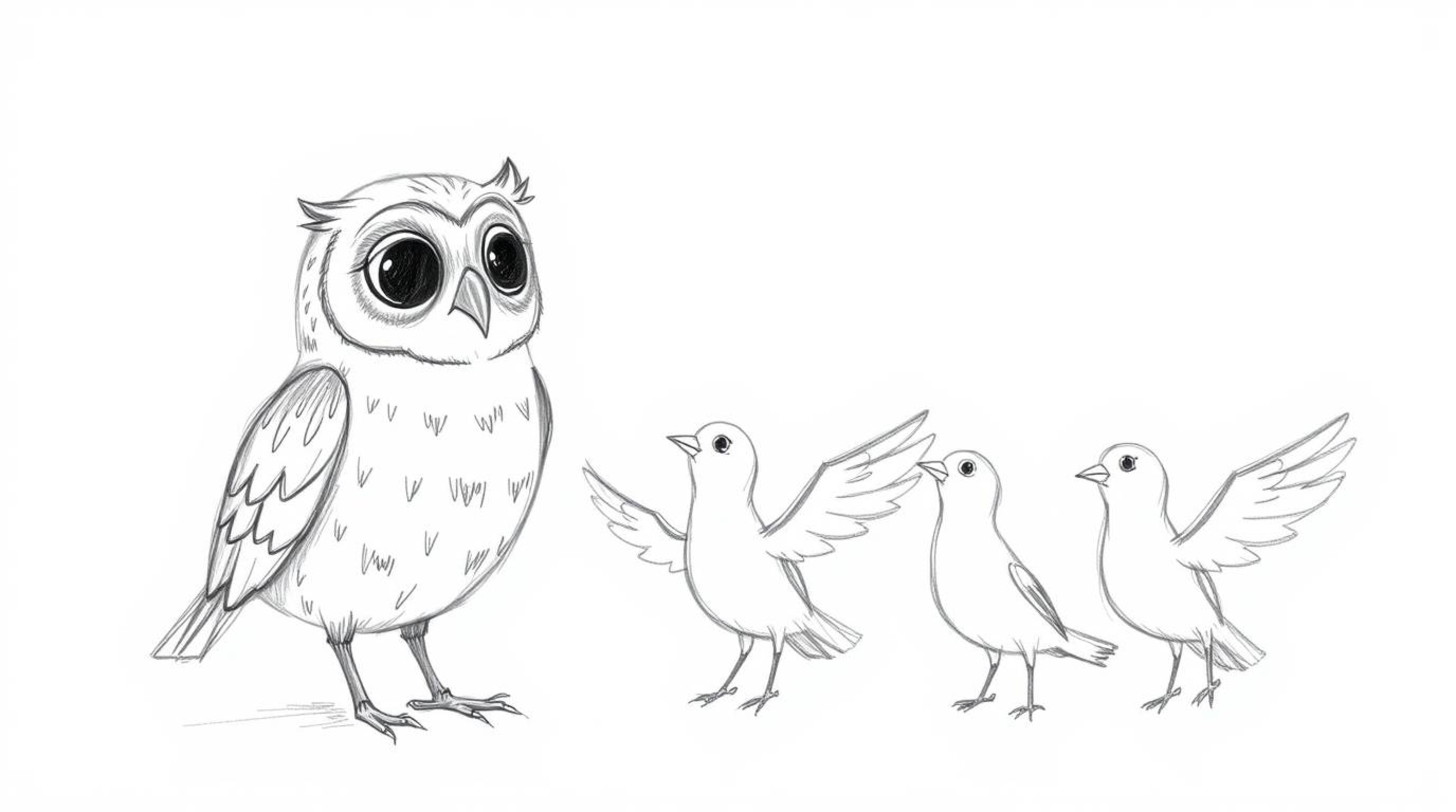 A heartwarming hand-drawn sketch in the style of Pixar depicts a blind owl with gentle, expressive features guiding a flock o