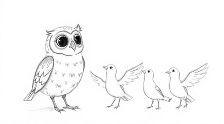 A heartwarming hand-drawn sketch in the style of Pixar depicts a blind owl with gentle, expressive features guiding a flock o