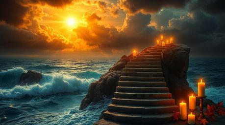 This artwork depicts a dramatic ocean staircase rising into a stormy sky illuminated by a sunburst, rendered in warm autumnal