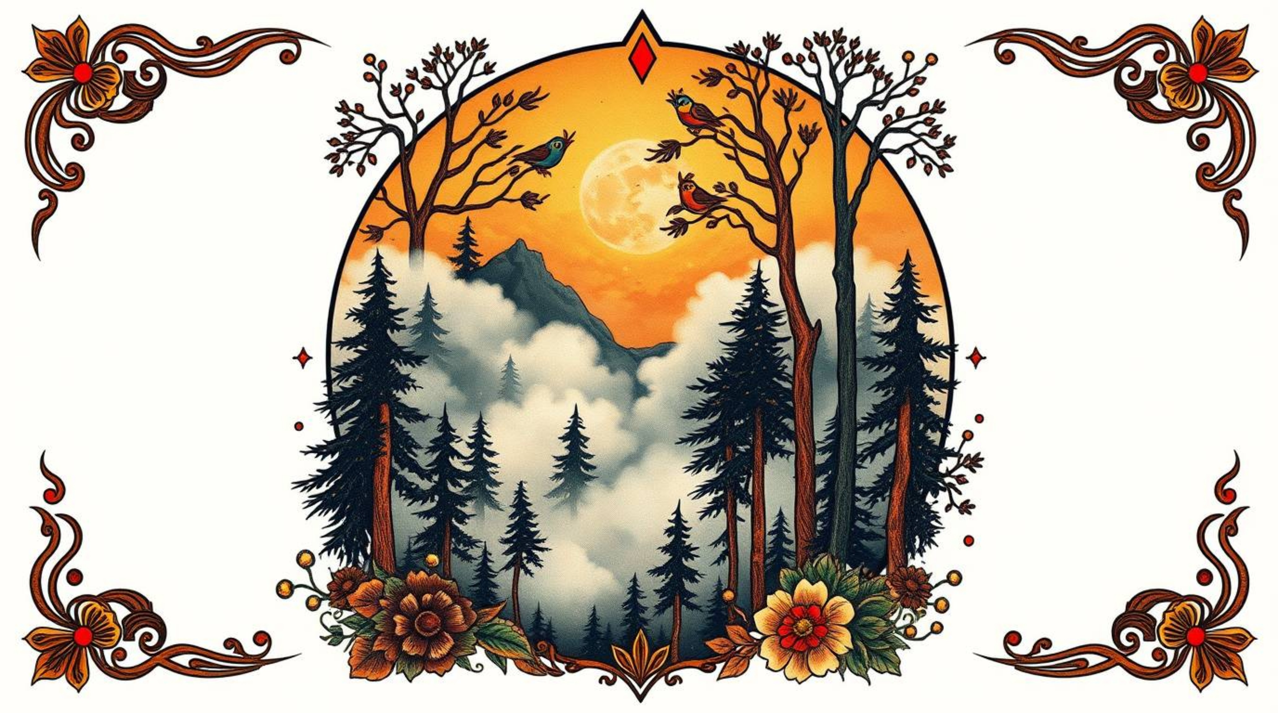 This art print features symbolic traditional tattoo art with a modern twist.  The design showcases mist rising from a forest 