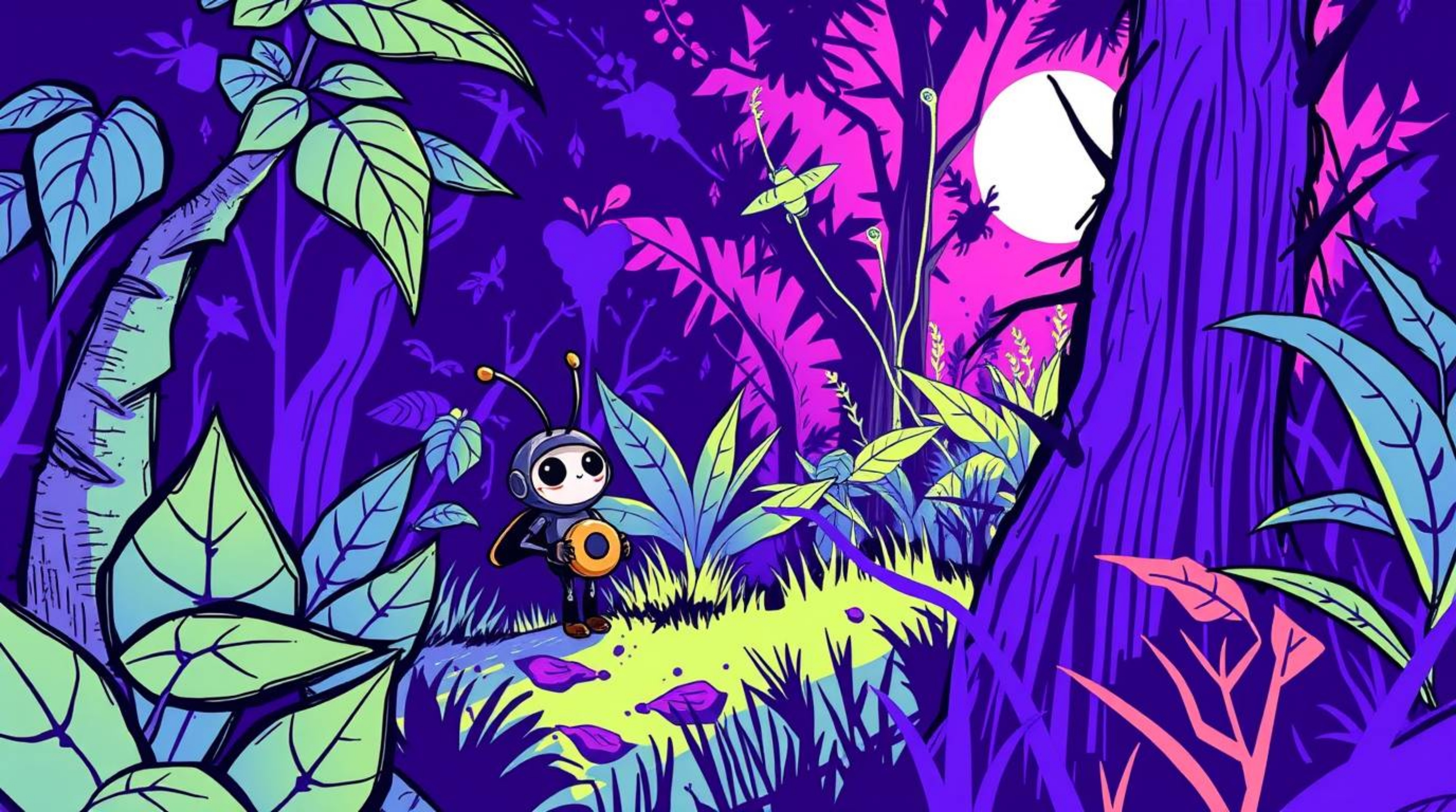 Explore a miniature world with a bug-sized hero navigating a vibrant backyard jungle. This hand-drawn, color sketchnote style