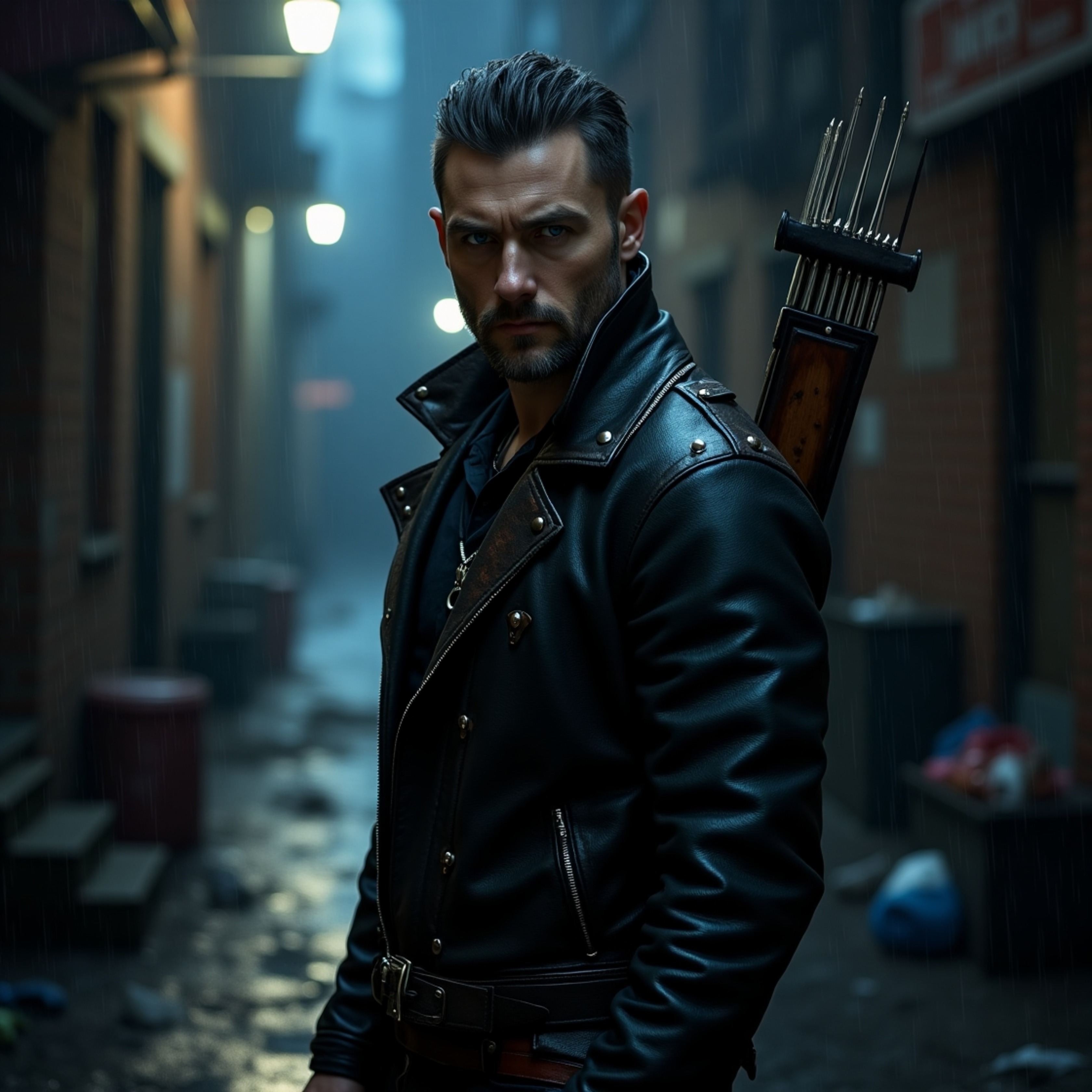 In a dimly lit, rain-soaked alleyway, a brooding vampire hunter stands ready. Clad in a worn black leather jacket with silver