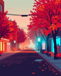 A captivating blend of warm autumnal tones and modern flat design. This pixelated glitch art depicts a cyberpunk street scene