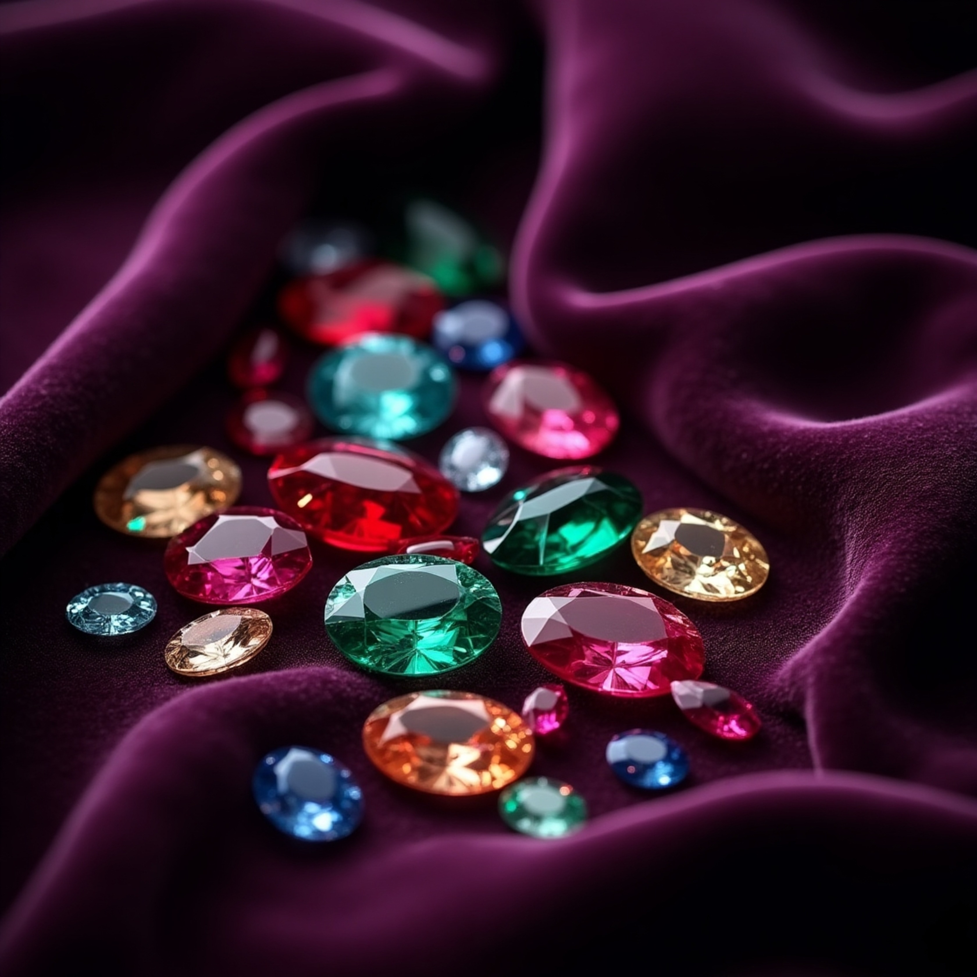 A breathtaking display of precious gemstones – rubies, emeralds, sapphires, and diamonds – are artfully arranged on a sumptuo