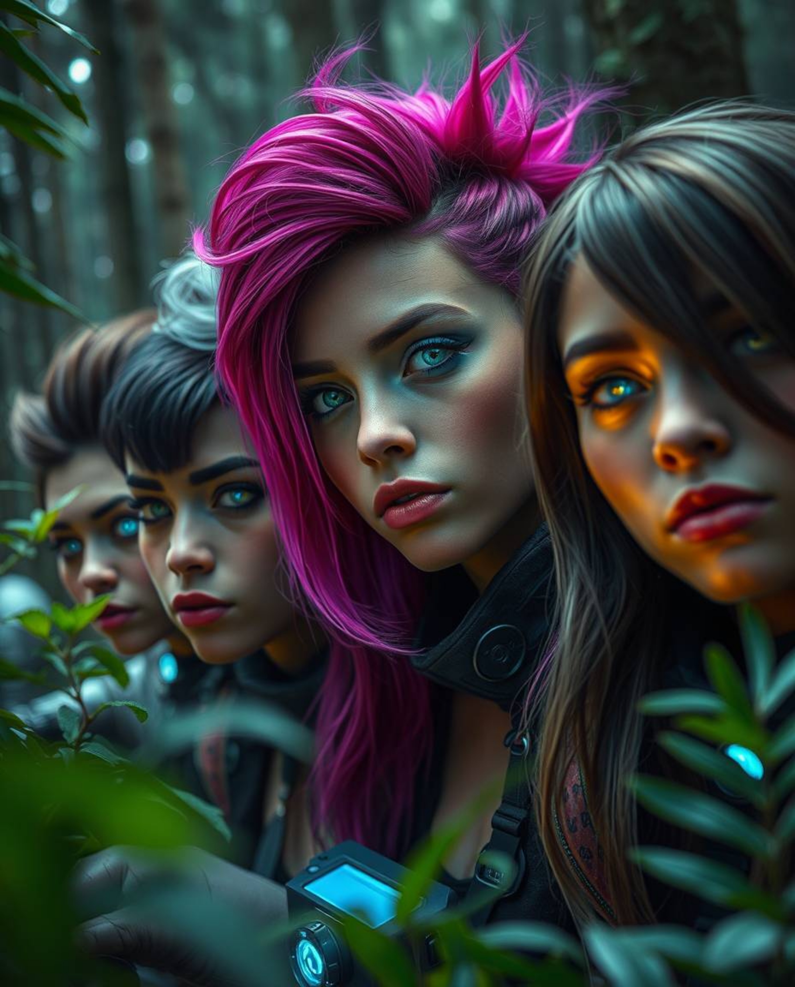 Immerse yourself in a futuristic sci-fi world where a group of friends with diverse, glowing eyes and unique hairstyles embar