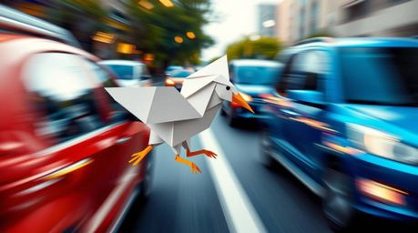 This artwork features an intricate origami style depicting a fast-running bird zooming past traffic in dynamic motion. The ke