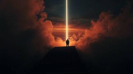 A captivating, low-contrast image depicts a solitary figure ascending a stone staircase towards a radiant beam of divine ligh
