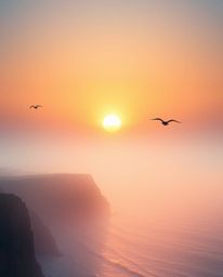 A soft, dreamy atmosphere envelops a sunset over a coastal cliff, where soaring birds glide through the air. The scene is bat