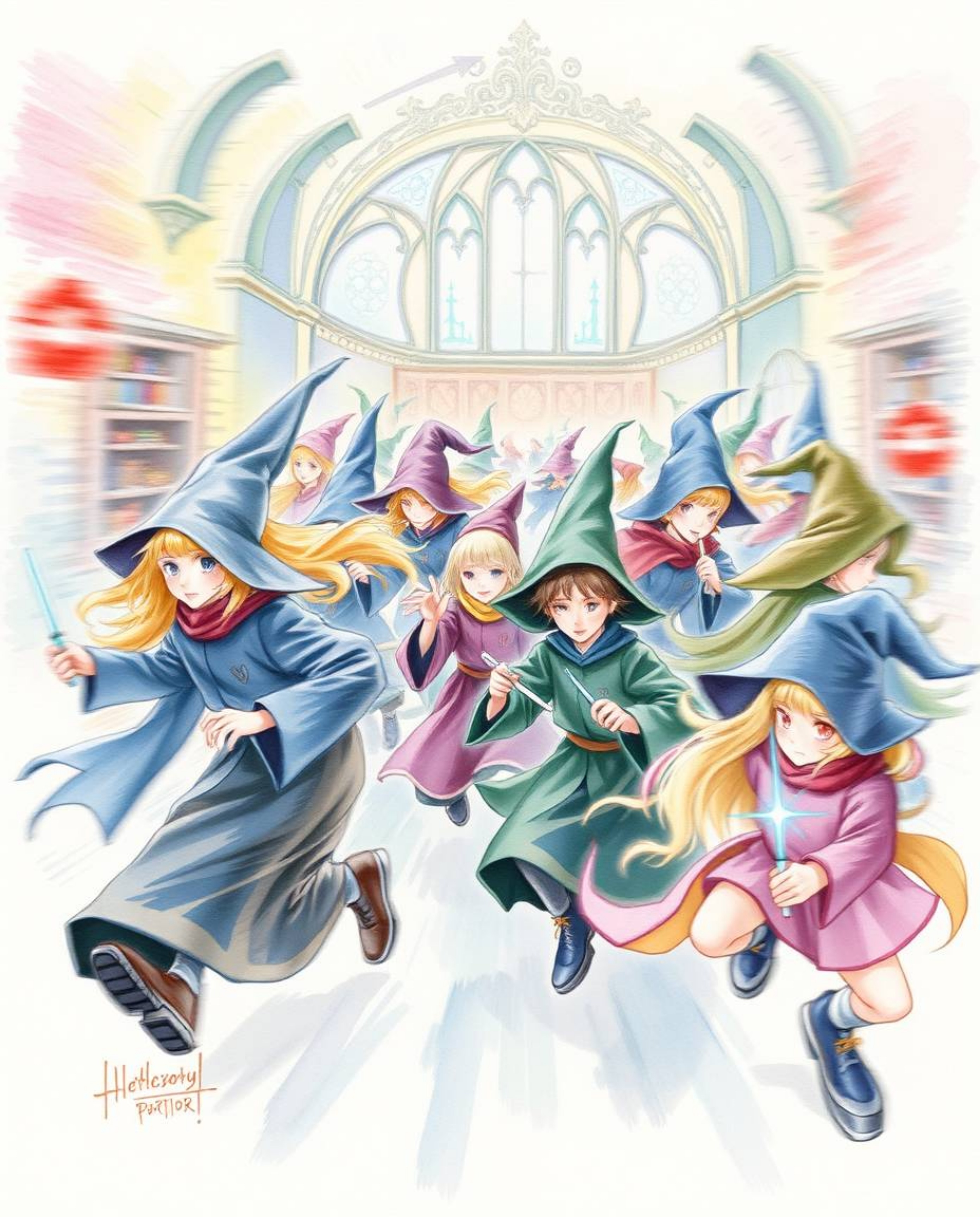 Discover a captivating watercolor painting depicting a magical school brimming with young wizards.  The artwork showcases dyn