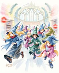 Discover a captivating watercolor painting depicting a magical school brimming with young wizards.  The artwork showcases dyn