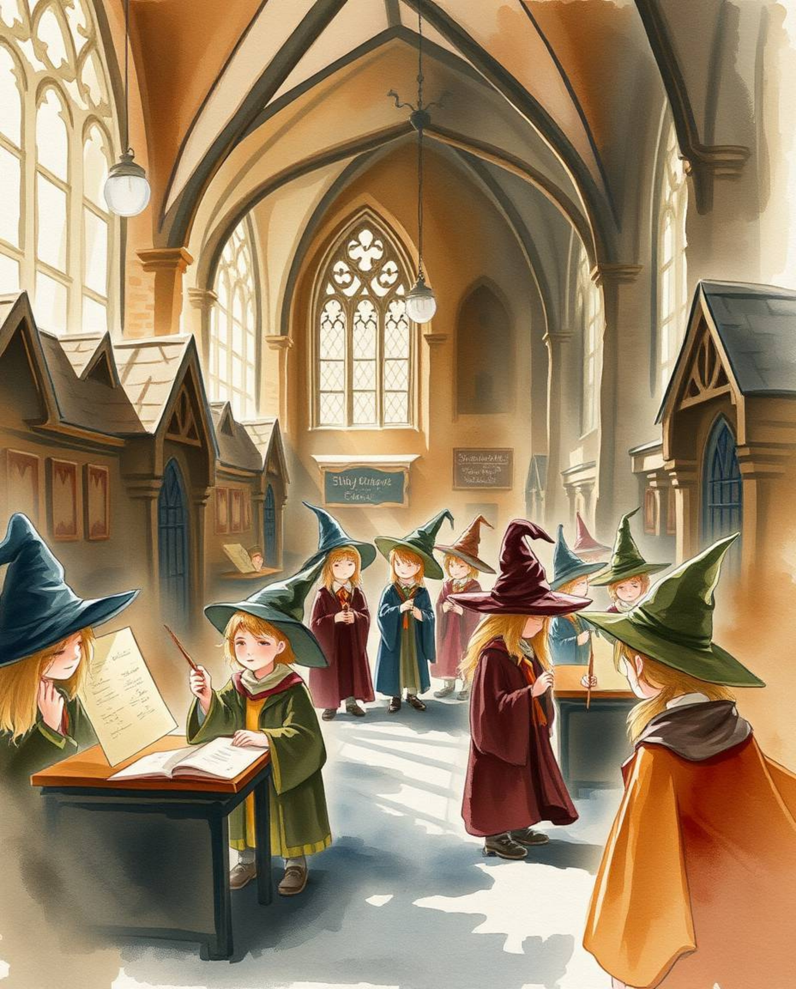 Discover a captivating watercolor painting depicting a magical school brimming with young wizards.  Rendered in high contrast