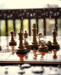 Experience the captivating chaos of a chessboard frozen in mid-destruction, bathed in the soft glow of a dreamy, rainy atmosp
