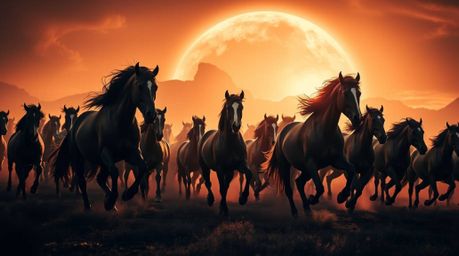 A grand and epic scene unfolds under a glowing, futuristic sky, illuminated by high-contrast, low-key lighting.  A herd of wi
