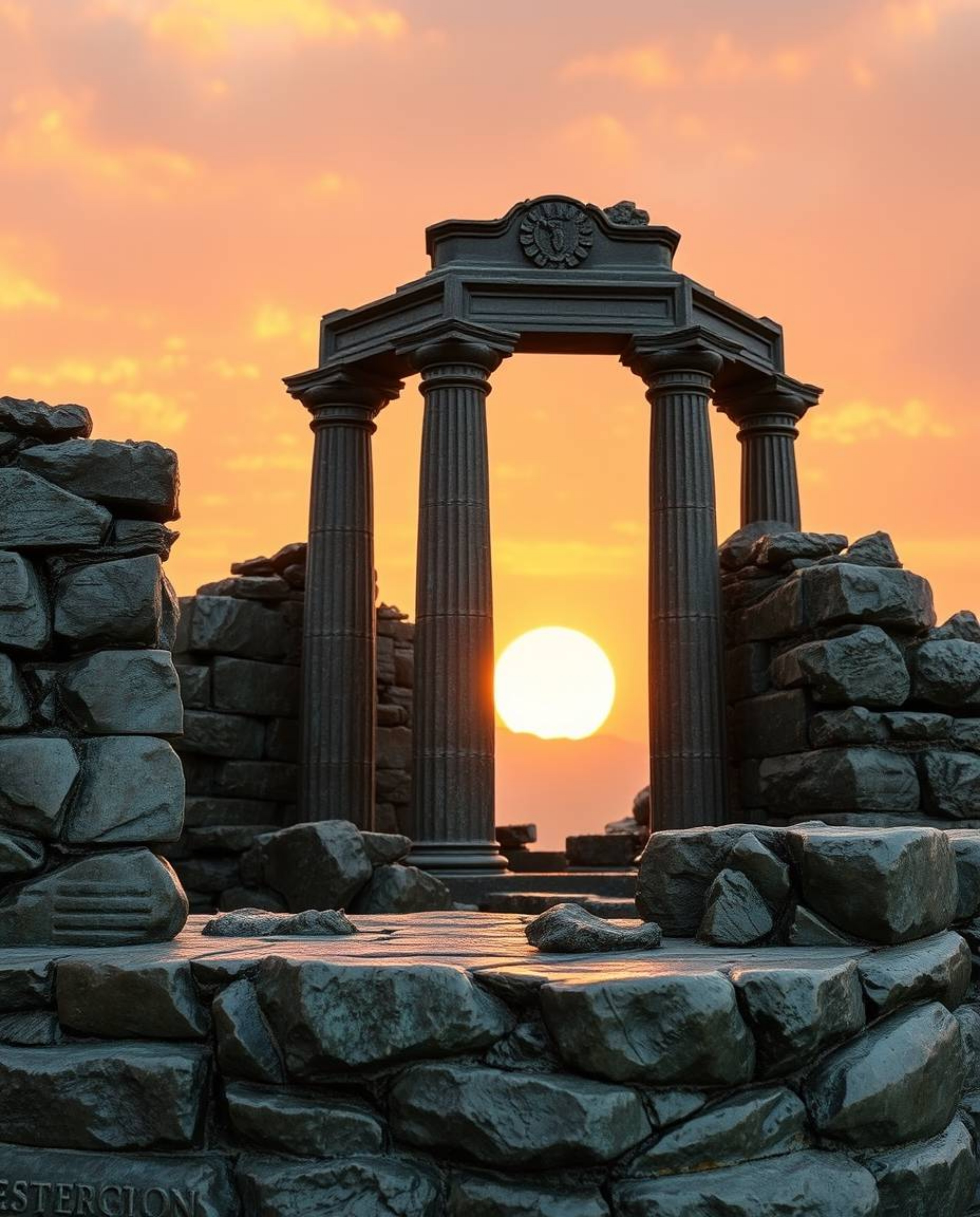 A cast bronze sculpture of ancient stone ruins at sunset, rendered in an antique patina finish. The piece is characterized by