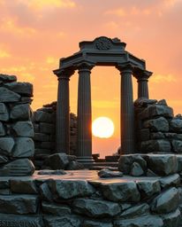 A cast bronze sculpture of ancient stone ruins at sunset, rendered in an antique patina finish. The piece is characterized by