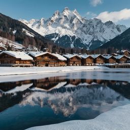 Discover a picturesque snow-covered Alpine village, complete with charming wooden chalets, a serene frozen lake, and breathta