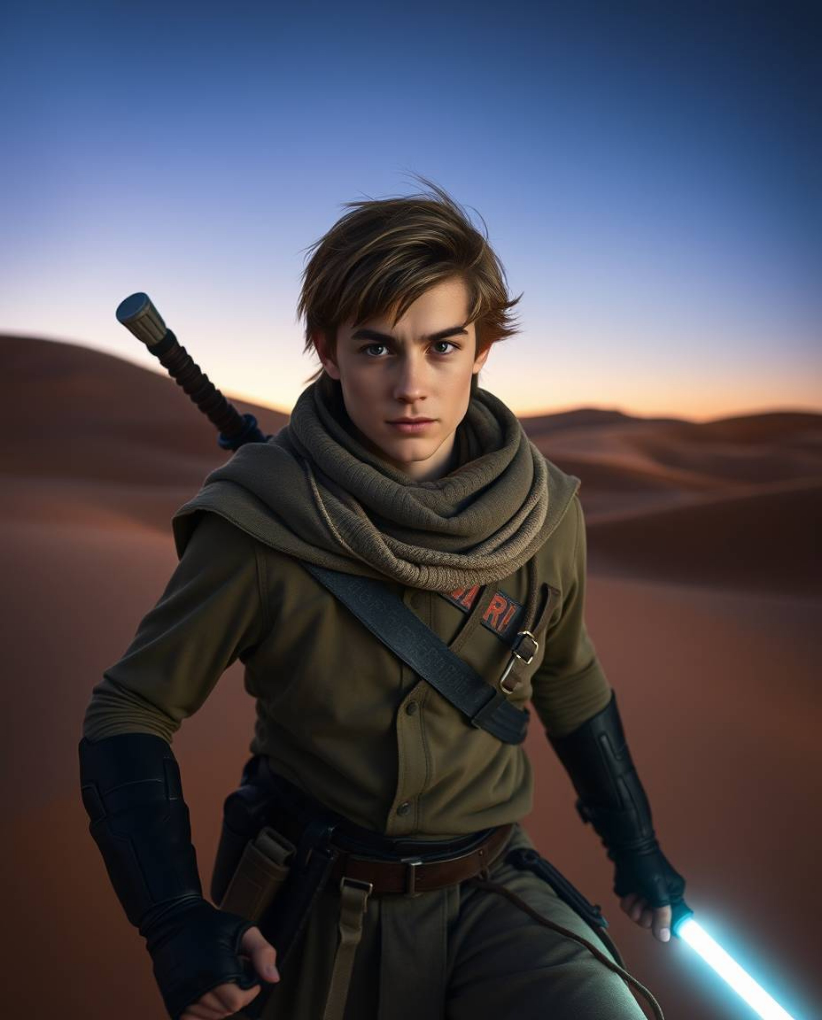 Experience a captivating long exposure photograph of a brave, Disney-esque hero embarking on a desert adventure. The image s