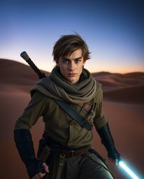 Experience a captivating long exposure photograph of a brave, Disney-esque hero embarking on a desert adventure.  The image s