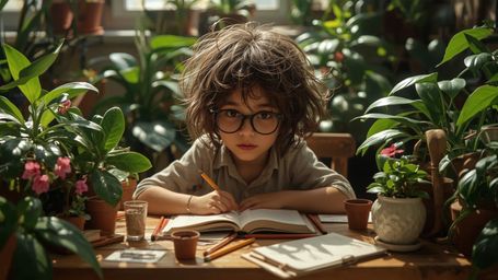 A highly detailed, high-resolution stock photo depicts a bright, messy-haired, and bespectacled young homeschooler, reminisce