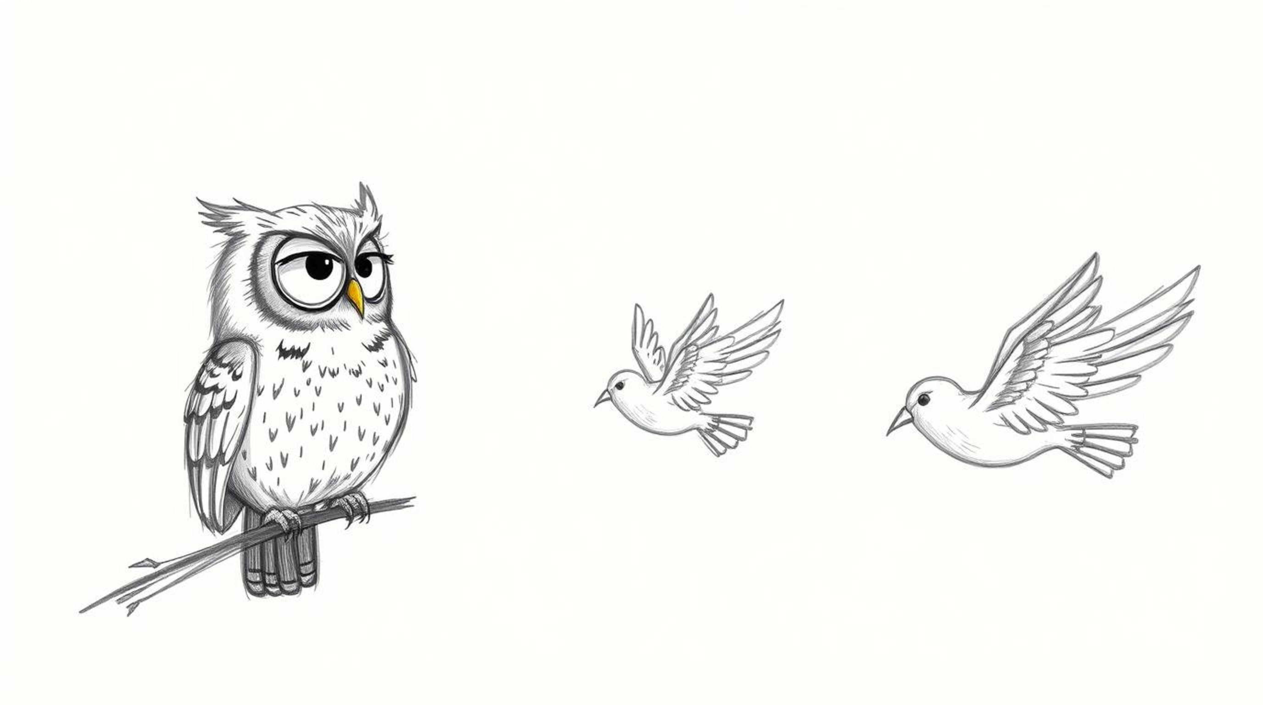 A captivating hand-drawn Pixar-style sketch depicts a blind owl passionately teaching birds how to fly. The birds, in a momen