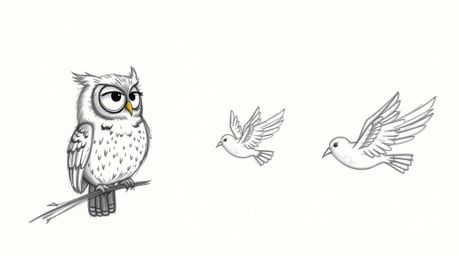 A captivating hand-drawn Pixar-style sketch depicts a blind owl passionately teaching birds how to fly. The birds, in a momen