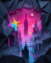 Explore a unique origami-style artwork showcasing a cyberpunk cityscape bathed in colorful neon splashes.  This piece blends 