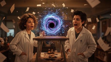 In a vibrant, cinematic photograph rendered in a hyper-realistic, Pixar-inspired style, a dynamic science fair duo unwittingl