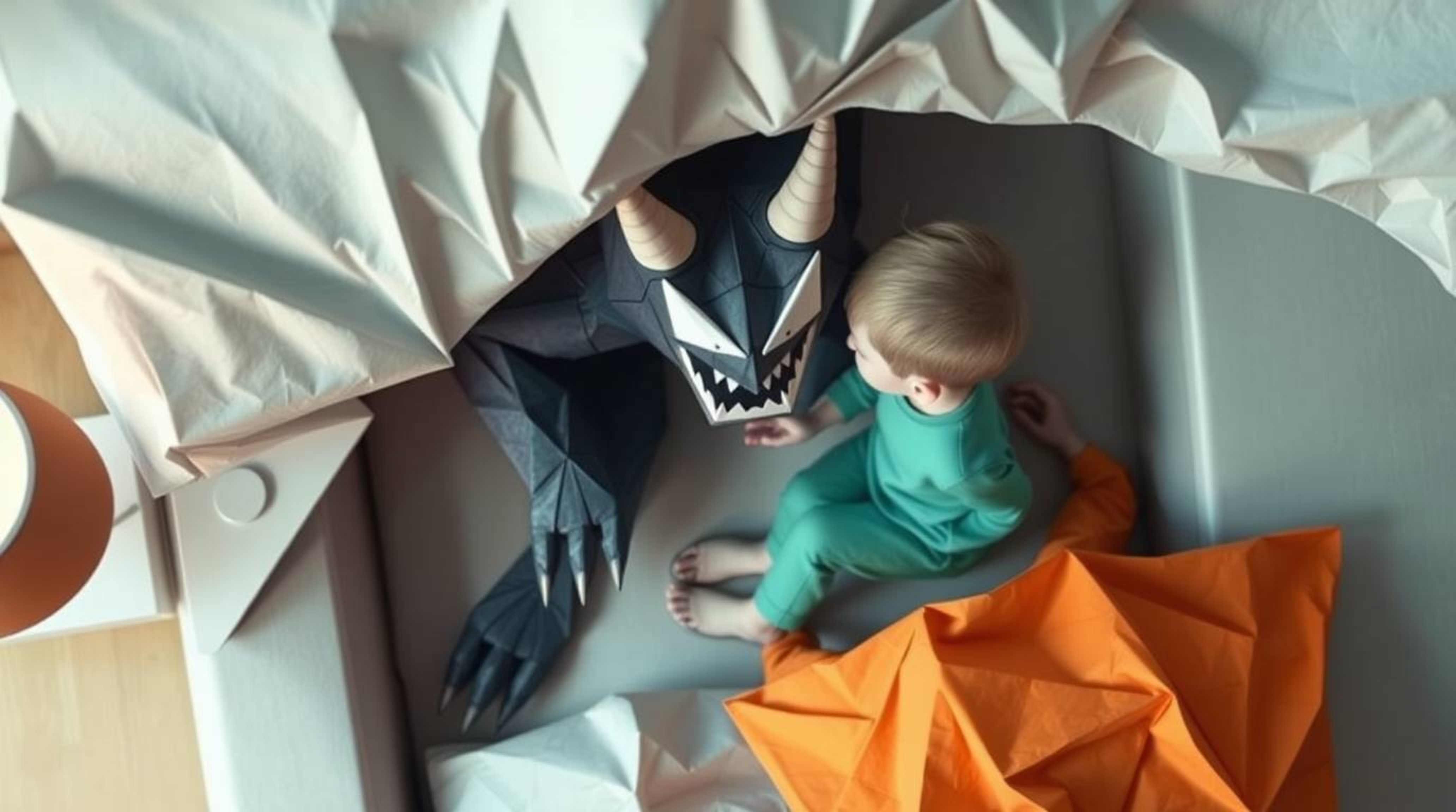 A heartwarming tale of unlikely friendship unfolds in this intricate origami artwork.  From a unique overhead perspective, wi