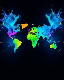 A captivating high-angle perspective showcasing vibrant and colorful splashes that coalesce into a world map, presenting a cr