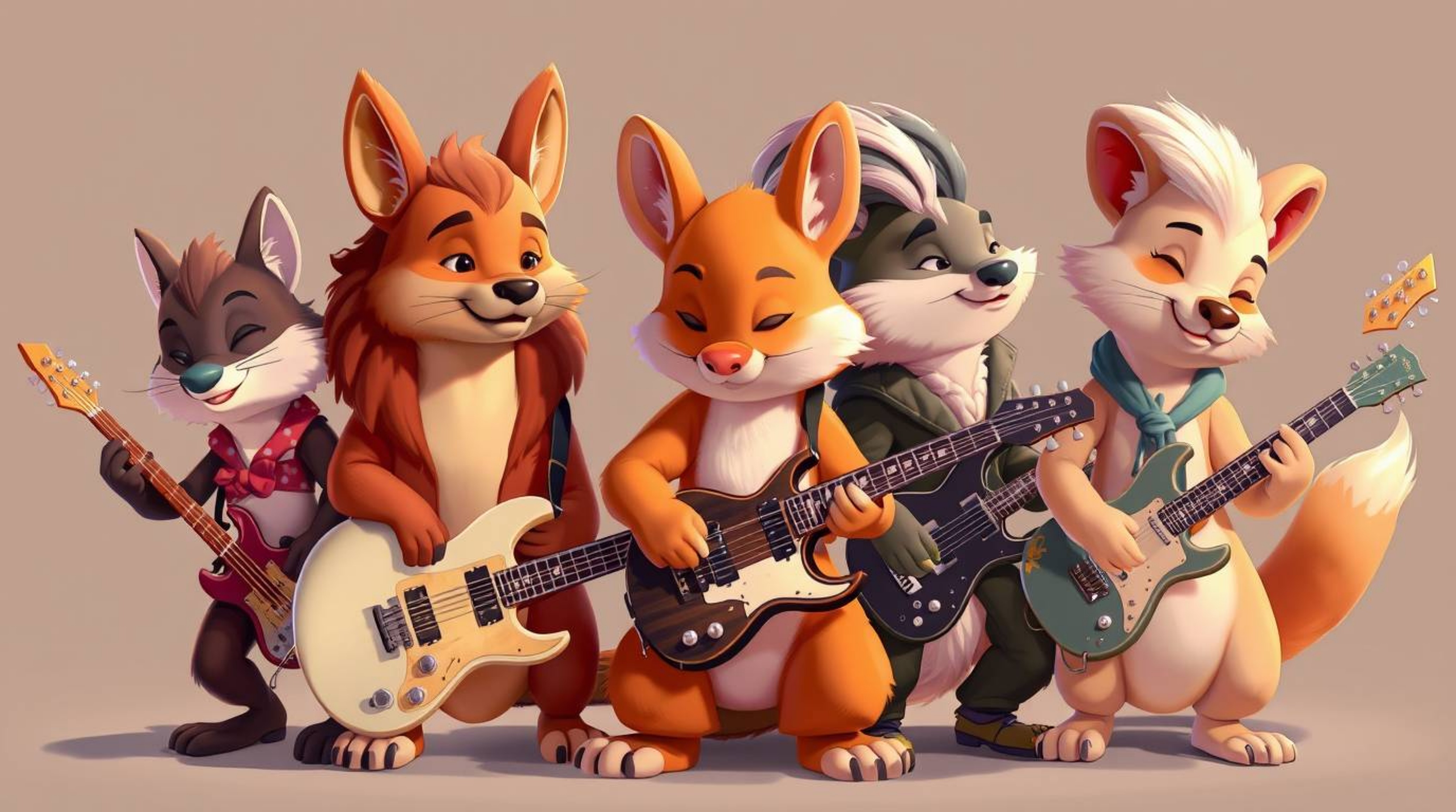 A band of cartoon animals is rocking out, exuding grace and elegance with refined features.  Detailed fur and clothing textur
