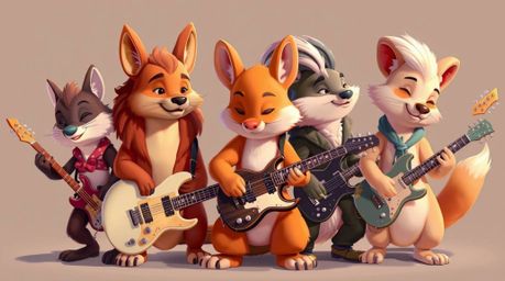 A band of cartoon animals is rocking out, exuding grace and elegance with refined features.  Detailed fur and clothing textur