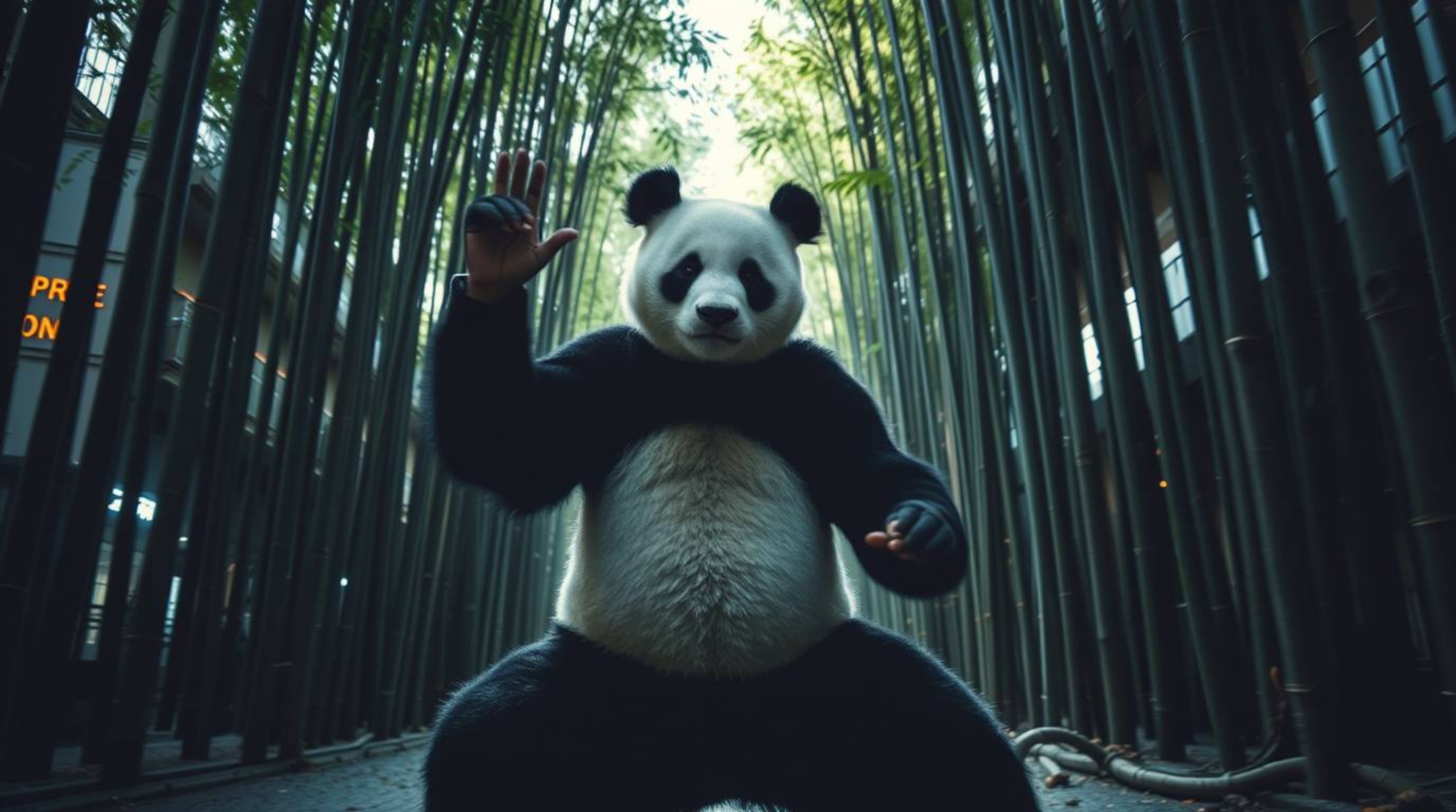 A candid street photography style image capturing a panda martial artist dynamically meditating within a bamboo forest. High 