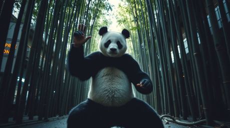 A candid street photography style image capturing a panda martial artist dynamically meditating within a bamboo forest. High 