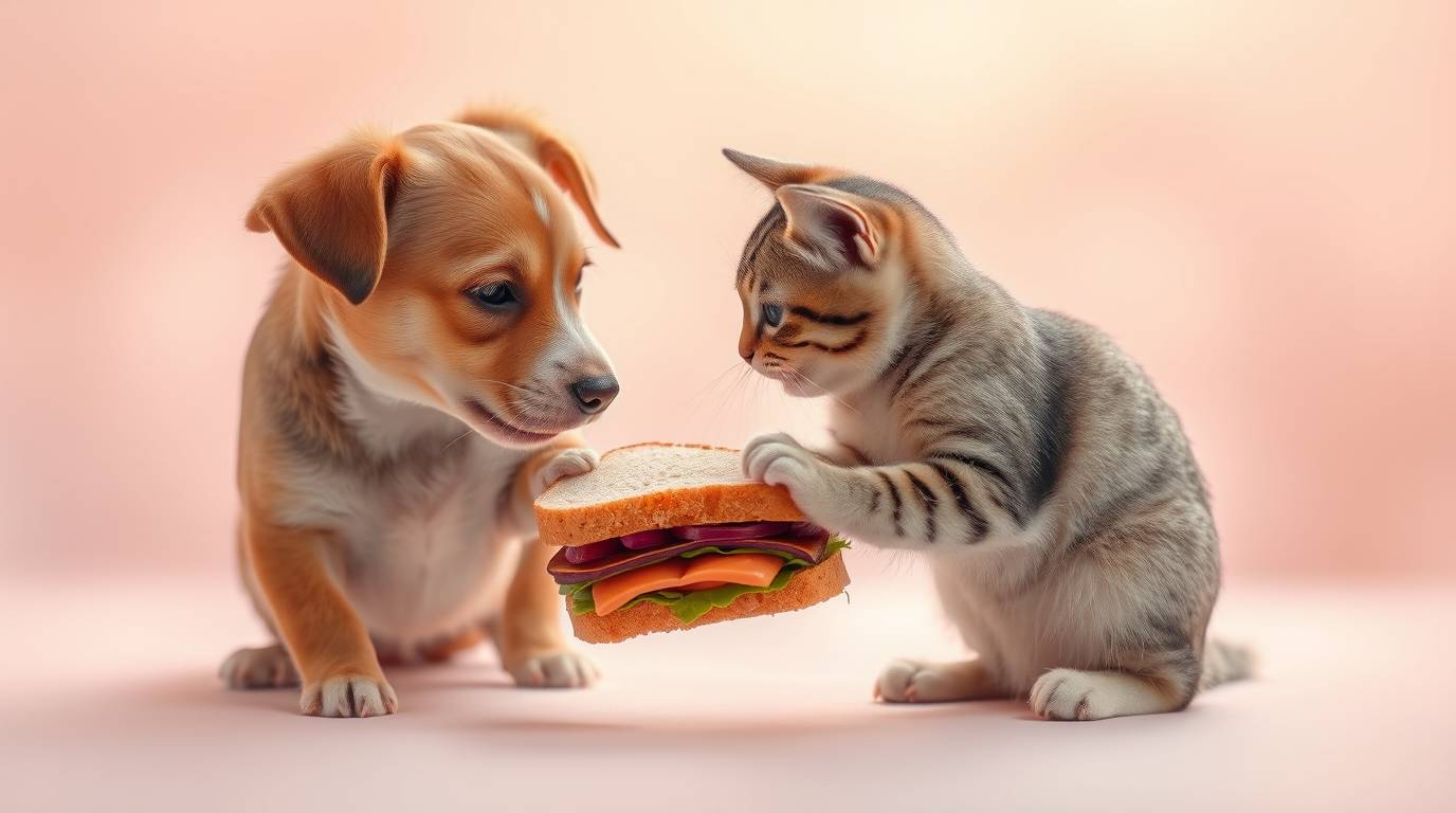 A dreamy and soft photograph captures a humorous scene of a dog and a cat playfully fighting over a large sandwich.  The imag