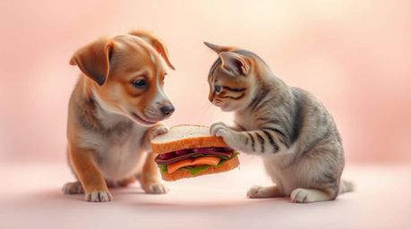 A dreamy and soft photograph captures a humorous scene of a dog and a cat playfully fighting over a large sandwich.  The imag