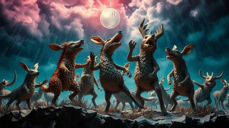 Experience a vibrant animal dance party illuminated by dazzling disco lights against a backdrop of intense, stormy skies.  Th