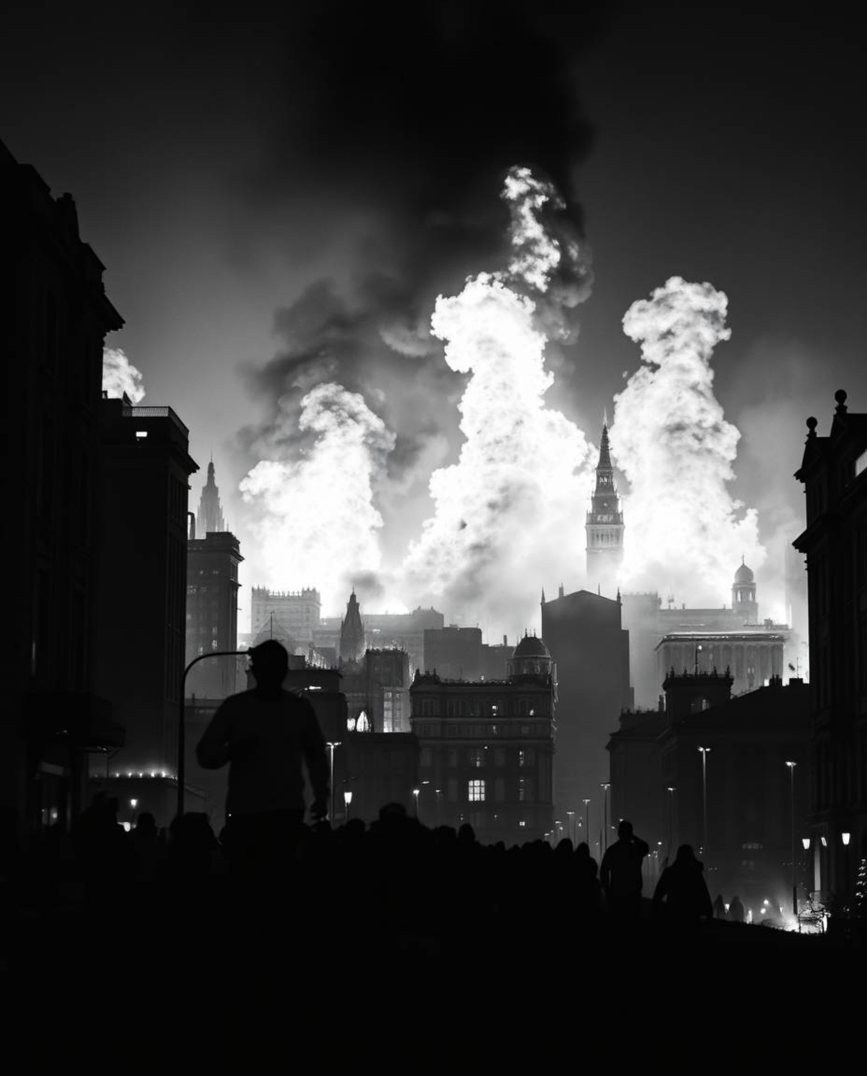 This classic black and white photograph captures an eerie and creepy atmosphere of a city engulfed in flames.  People are see