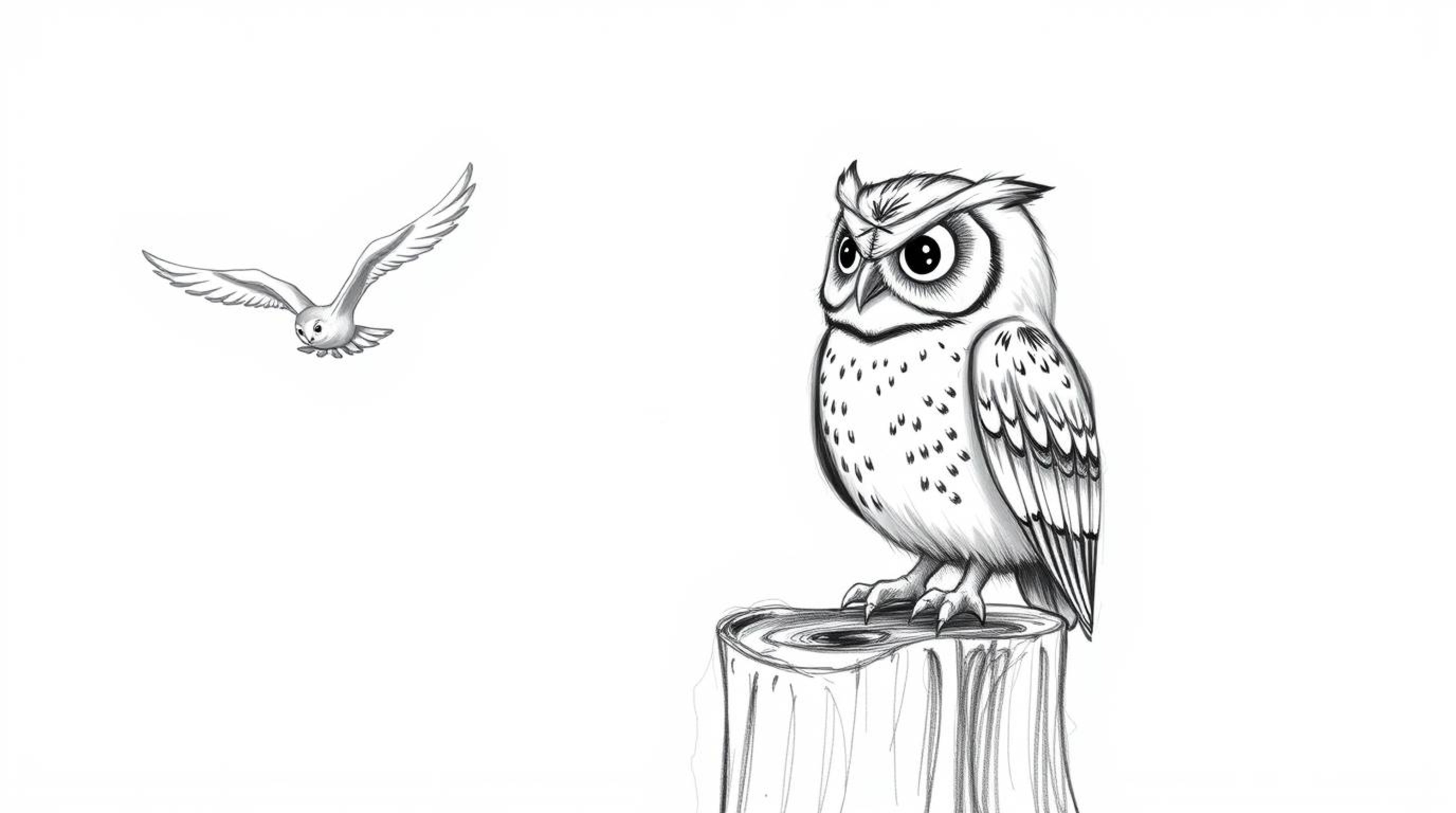 A captivating hand-drawn sketch in Pixar style depicts a blind owl with remarkably expressive eyes, perched on a weathered tr