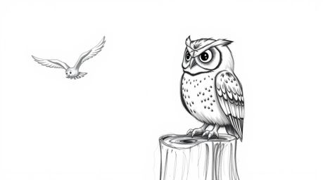 A captivating hand-drawn sketch in Pixar style depicts a blind owl with remarkably expressive eyes, perched on a weathered tr