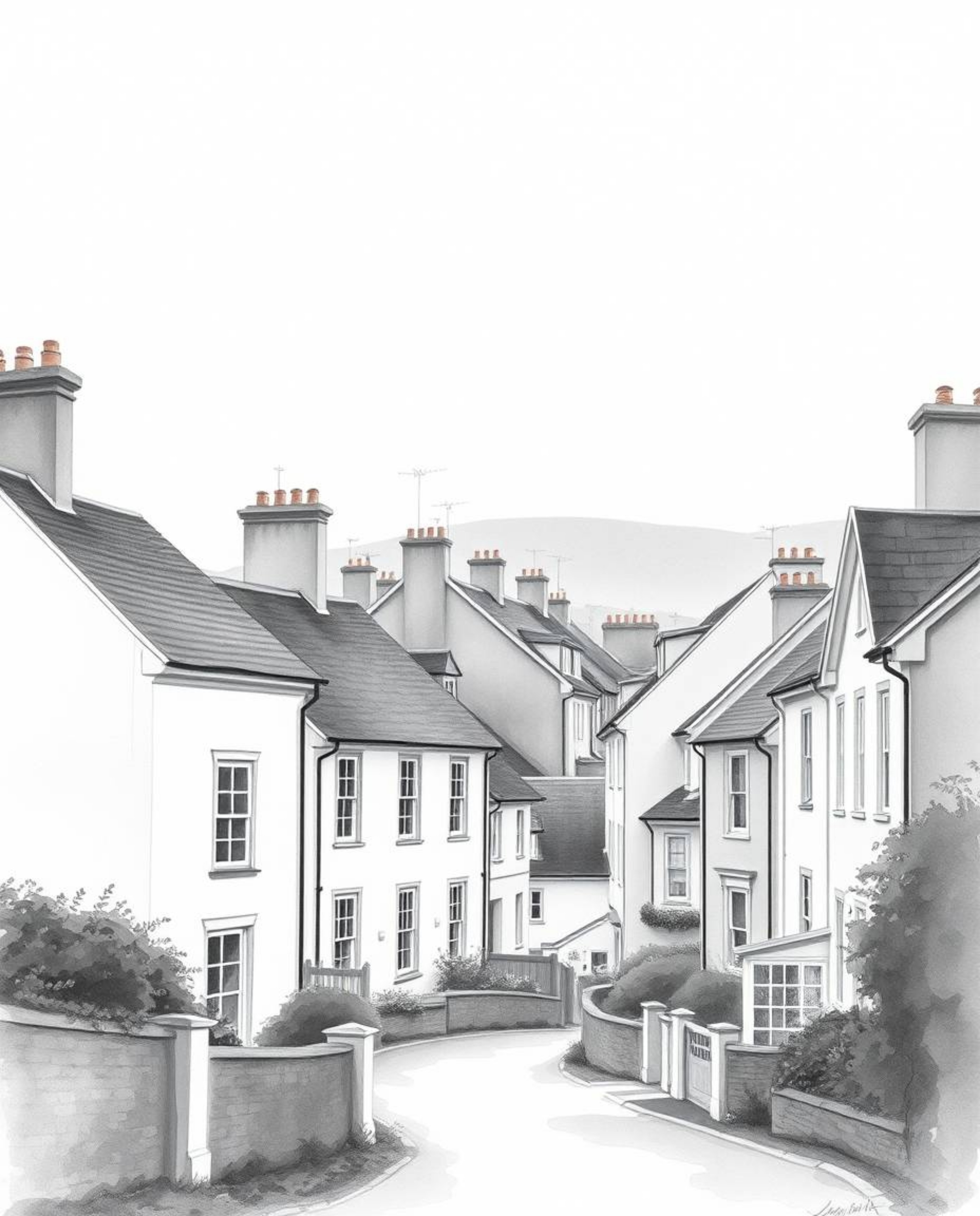 A high-resolution black and white stock photo depicts a charming watercolor painting of a sleepy town featuring pastel-colore