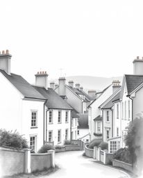 A high-resolution black and white stock photo depicts a charming watercolor painting of a sleepy town featuring pastel-colore