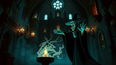 A captivating depiction of a classic Disney villain casting a spell inside a lavish and vibrant old castle, bathed in high co