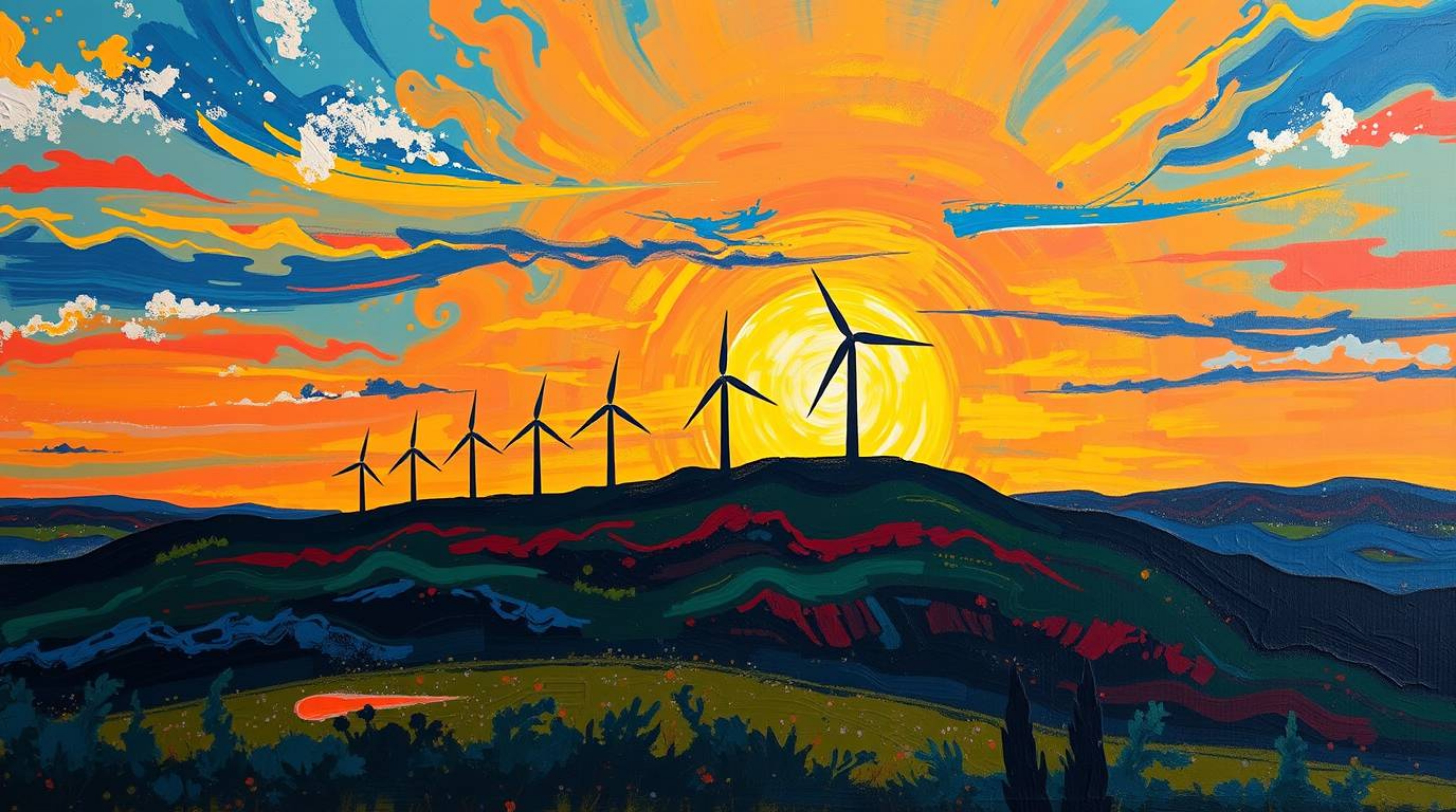 A captivating acrylic painting depicts a bold sunset illuminating a hilltop row of wind turbines.  The artwork evokes an ethe