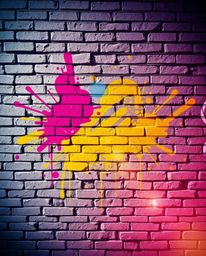 This image captures the essence of street art with graffiti-style splashes adorning a brick wall. The scene boasts a vibrant 