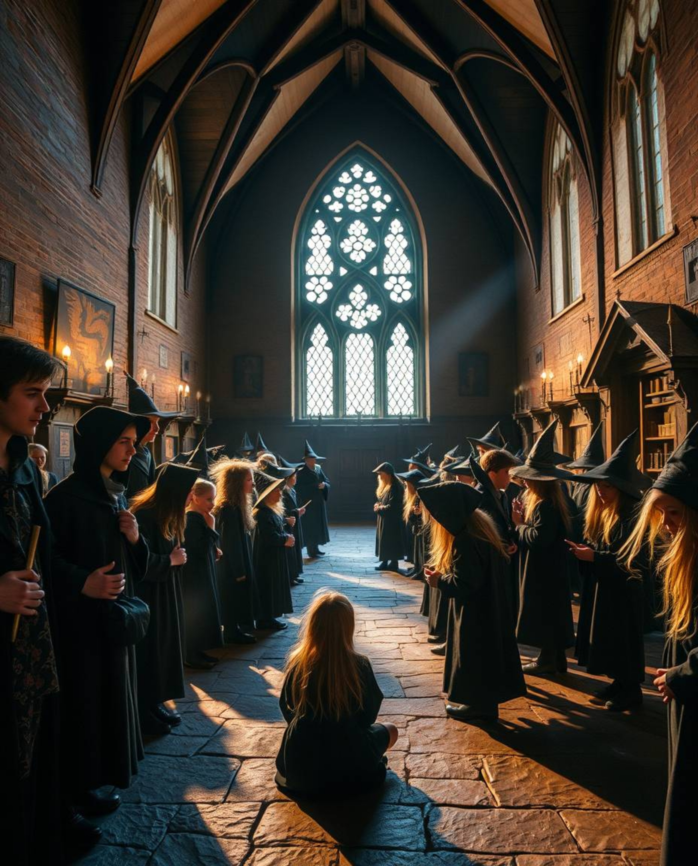 Step into a magical school teeming with young wizards, bathed in strong, hard light that casts direct, harsh shadows, creatin