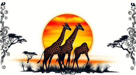 A stunning traditional tattoo art print featuring silhouetted giraffes against a vibrant sunset savanna.  The piece is render