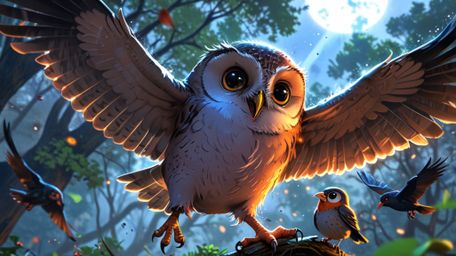 This artwork, rendered in a heartwarming blend of Pixar and anime styles, tells the touching story of a wise blind owl mentor